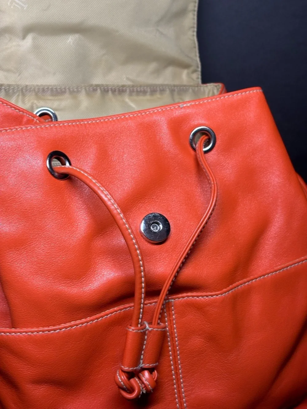 Lauren Ralph Lauren Orange Leather Drawstring Backpack Bag RL Logo
